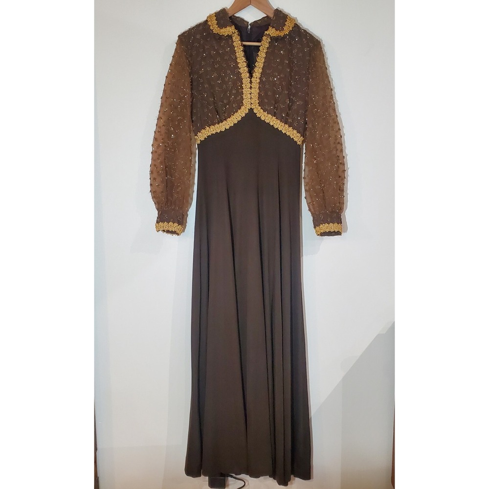 Vintage 70s ILGWU Brown & Gold Metallic Trim Maxi Dress Long Sleeve 1970s Gown S